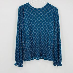 MK Michael Kors Size Medium Teal Blue Long Sleeve Paisley Print Blouse Top